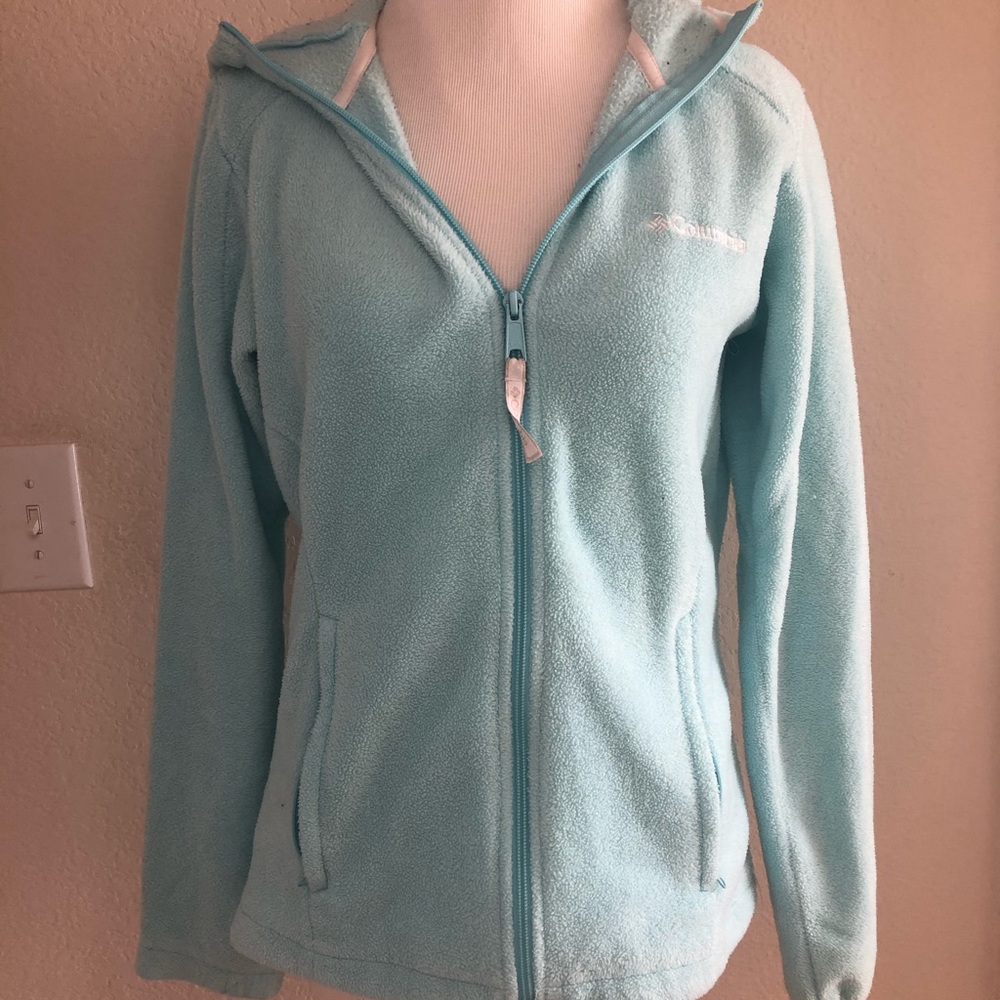 Light Blue Fuzzy Columbia Jacket with Hood